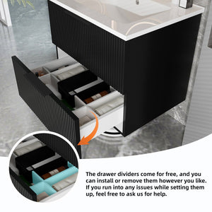 English Elm 36 Floating Bathroom Vanity with Ceramic Sink, Wall-Mounted 36" Modern Fluted Cabinet with Quiet Drawers Matte Black 38.18 L x 22.83 W x 7.48 H W3520S00003