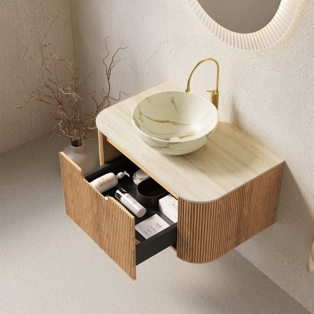 English Elm Muri Floating Bathroom Vanity Plywood Cabinet Sintered Stone Top Oak Drawer Beige,Natural Wood,Stone White W2615S00698