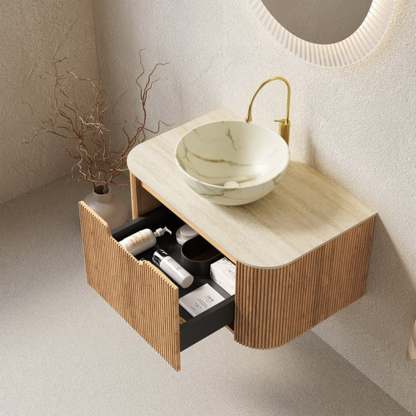 English Elm Muri Floating Bathroom Vanity Plywood Cabinet Sintered Stone Top Oak Drawer Beige,Natural Wood,Stone White W2615S00698