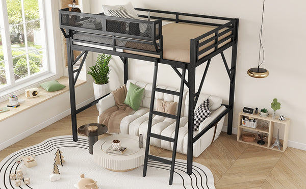 English Elm Full Size Loft Bed with Ladder & Built-In Shelves, Sturdy Metal High Loft for Kids Teens Black W2580P316646