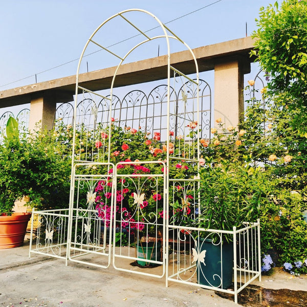 English Elm Metal Garden Arch Gate with Planter Stands Powder Coated Steel Rose Climbing Support W1586P243826