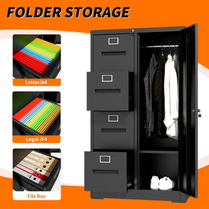 English Elm Metal Four Drawer Filing Cabinet with Lock Steel Storage for Home Office Bedroom Black W2735P457274