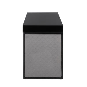 English Elm Upholstered Writing Desk with Silver Velvet Panels Black Steel Base and Dark Wood Top B202P471627