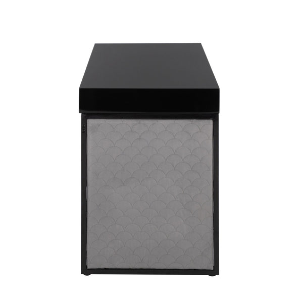 English Elm Upholstered Writing Desk with Silver Velvet Panels Black Steel Base and Dark Wood Top B202P471627