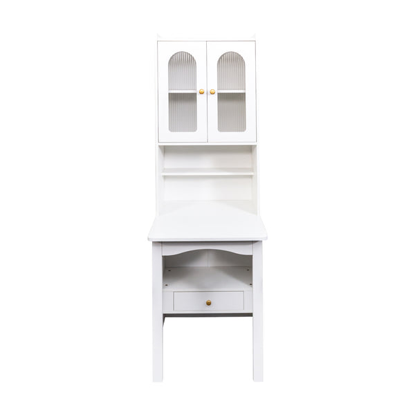 English Elm Fold-Out Convertible Writing Table Space-Saving Desk Cabinet with Shelf and Hidden Drawer for Home Office White W331P256909