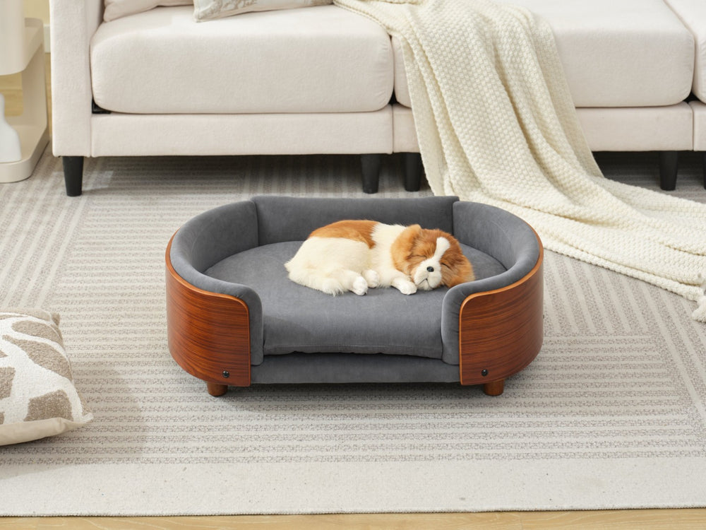 English Elm Scandinavian Mid-century Pet Sofa with Walnut Bentwood Back and Navy Velvet Cushion Dark Grey W794125938