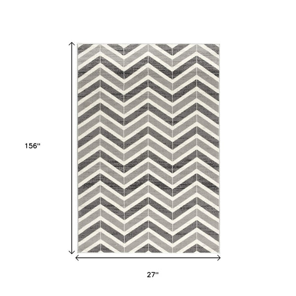 HomeRoots 13' Gray and Ivory Chevron Runner Rug - Modern Distressed Design, Soft and Stain-Resistant for Homes 2' x 13' 394019