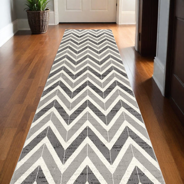 HomeRoots 13' Gray and Ivory Chevron Runner Rug - Modern Distressed Design, Soft and Stain-Resistant for Homes 2' x 13' 394019