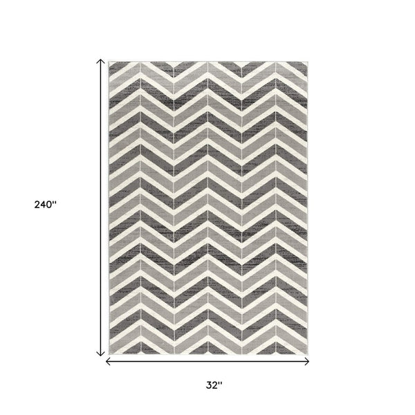 HomeRoots 13' Gray and Ivory Chevron Runner Rug - Modern Distressed Design, Soft and Stain-Resistant for Homes 3' x 20' 394030