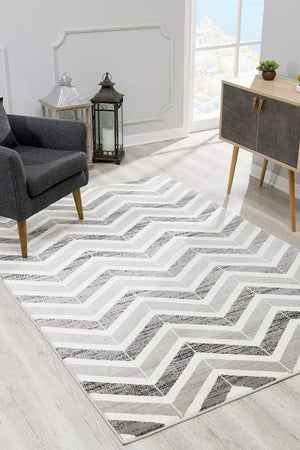 HomeRoots 13' Gray and Ivory Chevron Runner Rug - Modern Distressed Design, Soft and Stain-Resistant for Homes 4' X 6' 394034