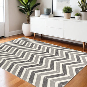 HomeRoots 13' Gray and Ivory Chevron Runner Rug - Modern Distressed Design, Soft and Stain-Resistant for Homes 4' X 6' 394034