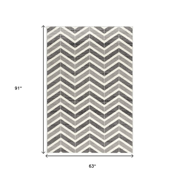 HomeRoots 13' Gray and Ivory Chevron Runner Rug - Modern Distressed Design, Soft and Stain-Resistant for Homes 5' X 8' 394035