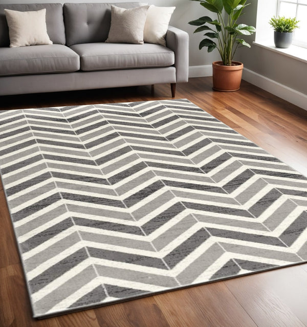 HomeRoots 13' Gray and Ivory Chevron Runner Rug - Modern Distressed Design, Soft and Stain-Resistant for Homes 5' X 8' 394035