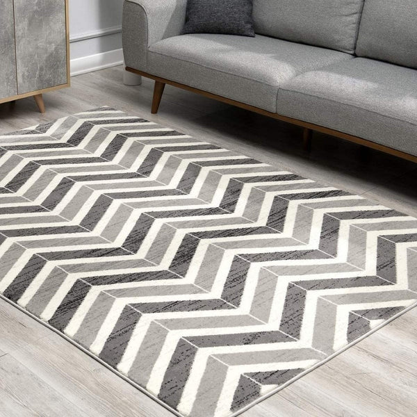 HomeRoots 13' Gray and Ivory Chevron Runner Rug - Modern Distressed Design, Soft and Stain-Resistant for Homes 5' X 8' 394035