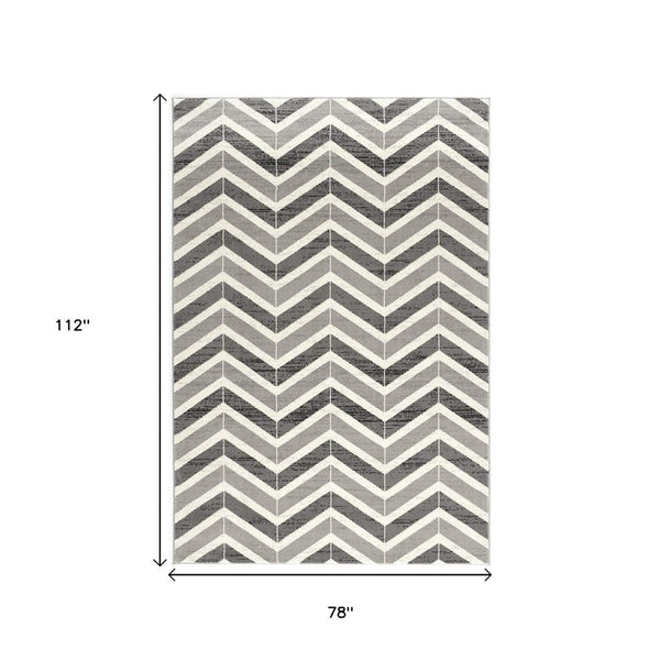 HomeRoots 13' Gray and Ivory Chevron Runner Rug - Modern Distressed Design, Soft and Stain-Resistant for Homes 7' X 9' 394036
