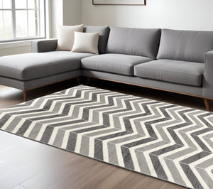 HomeRoots 13' Gray and Ivory Chevron Runner Rug - Modern Distressed Design, Soft and Stain-Resistant for Homes 7' X 9' 394036