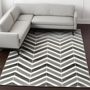 HomeRoots 13' Gray and Ivory Chevron Runner Rug - Modern Distressed Design, Soft and Stain-Resistant for Homes 8' X 11' 394037
