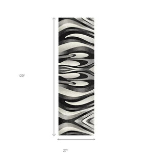 Homeroots 10' Black Gray And White Marble Power Loom Runner Rug  Polypropylene 394038