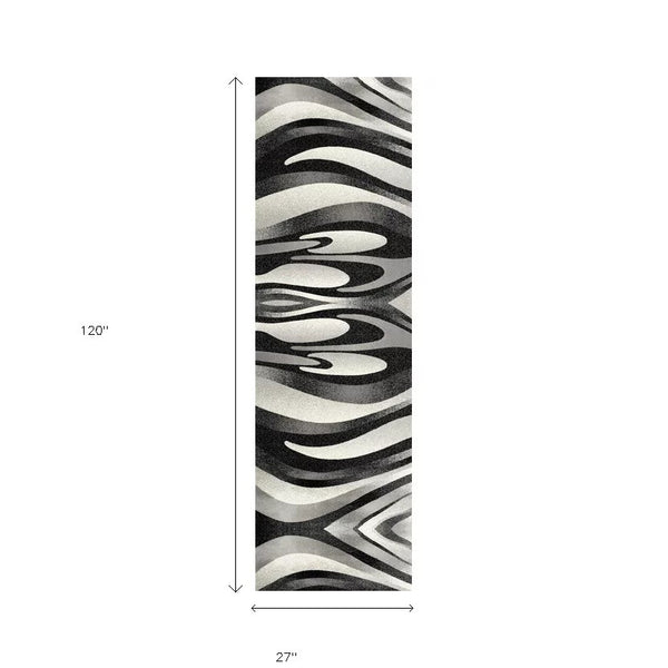 Homeroots 10' Black Gray And White Marble Power Loom Runner Rug  Polypropylene 394038