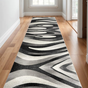 HomeRoots 10' Elegant Black Gray White Marble Effect Power Loom Runner Rug for Stylish Hallways & Spaces 2' x 10' 394038
