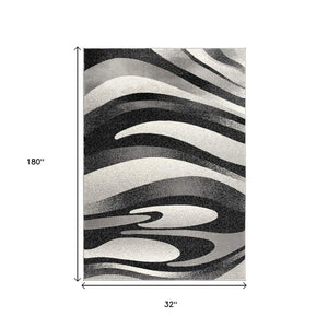 HomeRoots 10' Elegant Black Gray White Marble Effect Power Loom Runner Rug for Stylish Hallways & Spaces 3' x 15' 394050