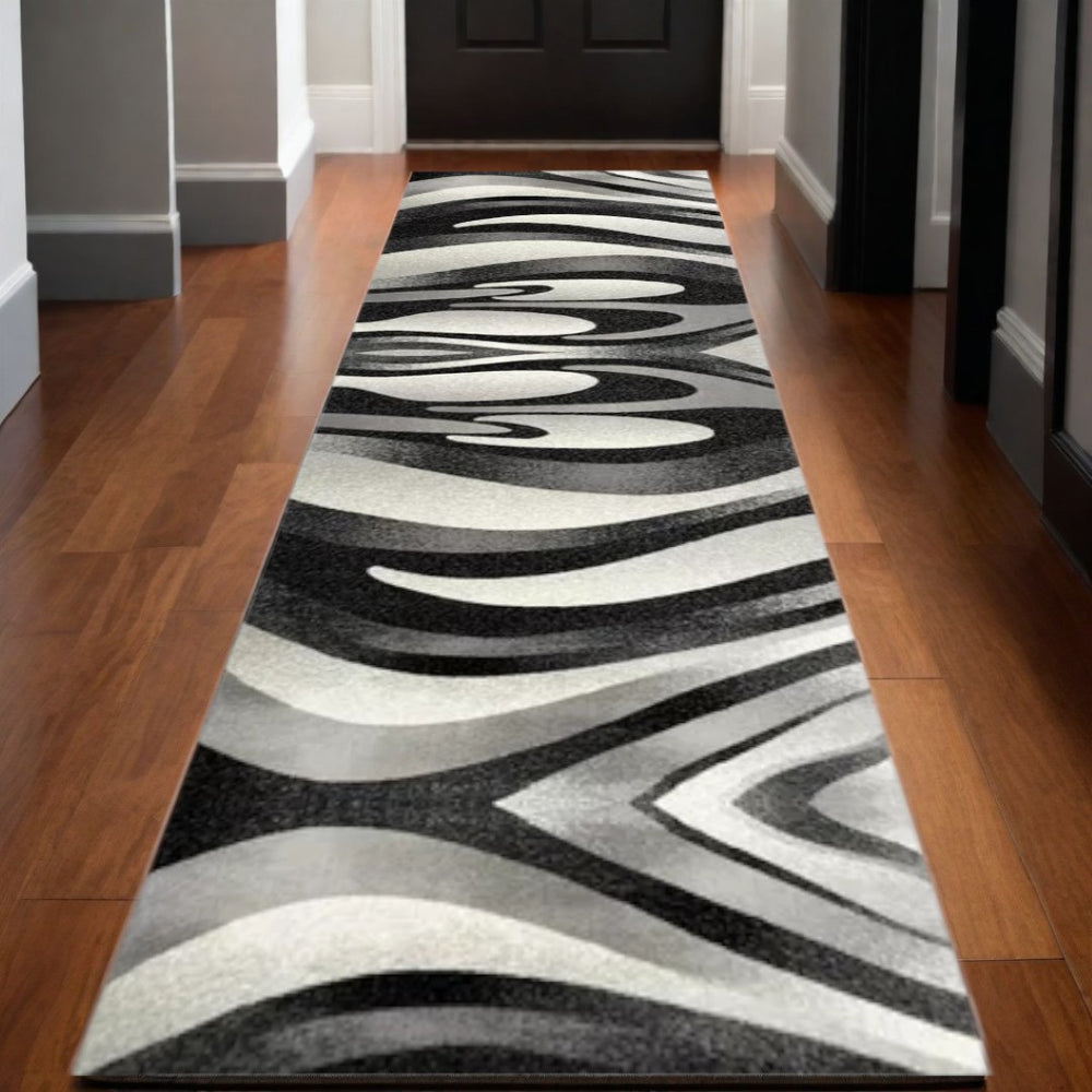 HomeRoots 10' Elegant Black Gray White Marble Effect Power Loom Runner Rug for Stylish Hallways & Spaces 3' x 20' 394051