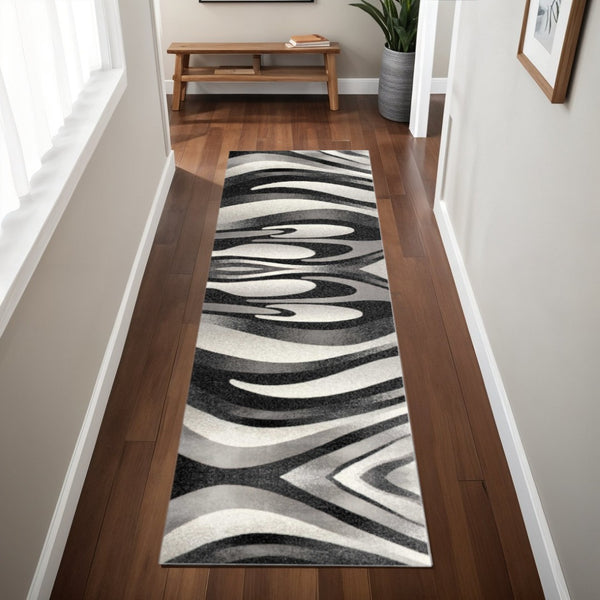 HomeRoots 10' Elegant Black Gray White Marble Effect Power Loom Runner Rug for Stylish Hallways & Spaces 3' x 8' 394054