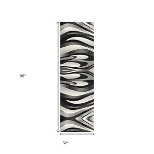 HomeRoots 10' Elegant Black Gray White Marble Effect Power Loom Runner Rug for Stylish Hallways & Spaces 3' x 8' 394054