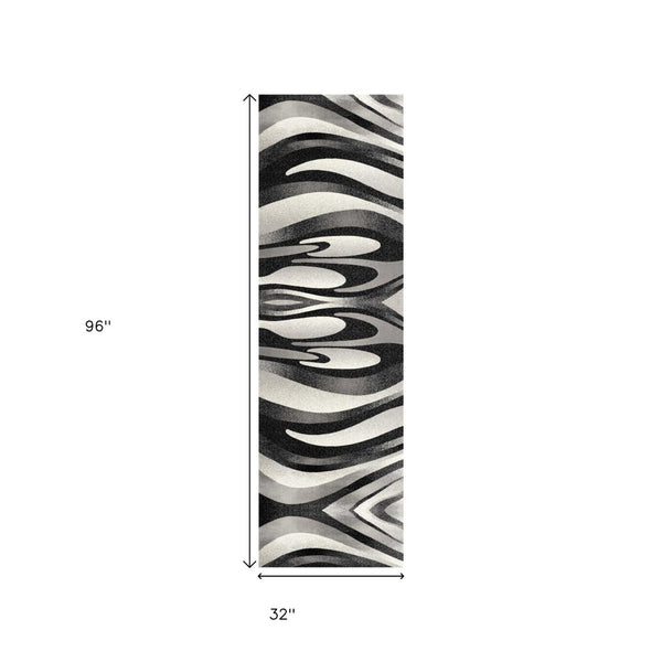 HomeRoots 10' Elegant Black Gray White Marble Effect Power Loom Runner Rug for Stylish Hallways & Spaces 3' x 8' 394054