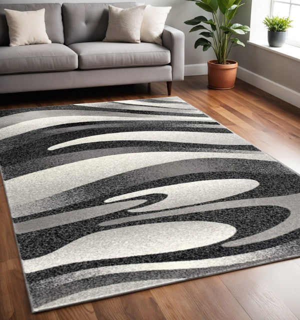 HomeRoots 10' Elegant Black Gray White Marble Effect Power Loom Runner Rug for Stylish Hallways & Spaces 5' X 7' 394056