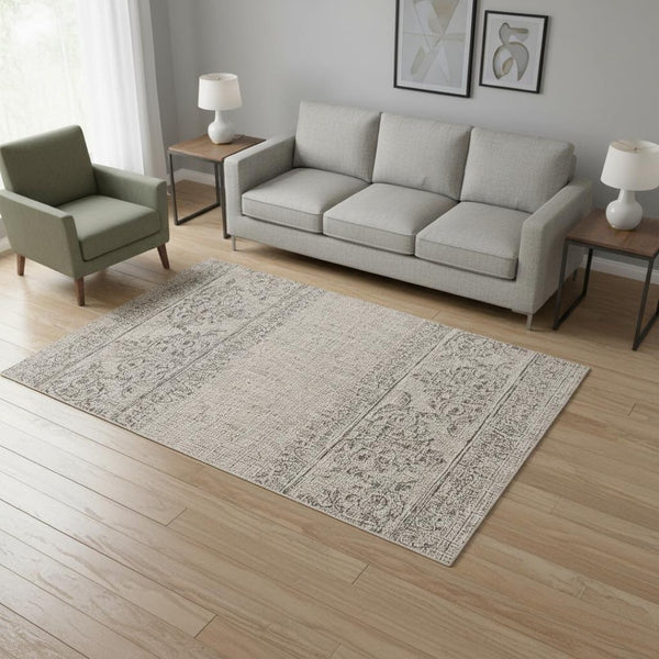HomeRoots 5' Ikat Area Rug in Ivory and Gray – Modern Non-Skid Design for Elegant Living Spaces and Durability 5' x 8' 394060