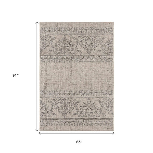 HomeRoots 5' Ikat Area Rug in Ivory and Gray – Modern Non-Skid Design for Elegant Living Spaces and Durability 5' x 8' 394060