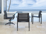 Lexington Tommy Bahama Outdoor 3940-13 Stylish Arm Dining Chair - Contemporary Dark Graphite Aluminum & Teak, Weather-resistant Design Obsidian  3940-13