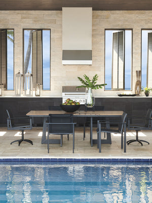 Lexington Tommy Bahama Outdoor 3940-13 Stylish Arm Dining Chair - Contemporary Dark Graphite Aluminum & Teak, Weather-resistant Design Obsidian  3940-13