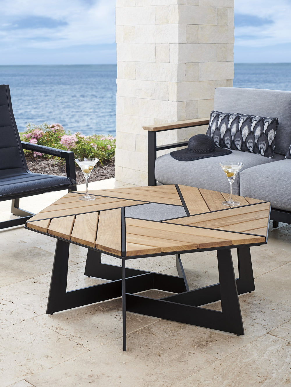Lexington Tommy Bahama Outdoor 3940-947 Stylish Hexagonal Cocktail Table With Teak Top And Slate-gray Stone Insert For Modern Elegance Obsidian  3940-947