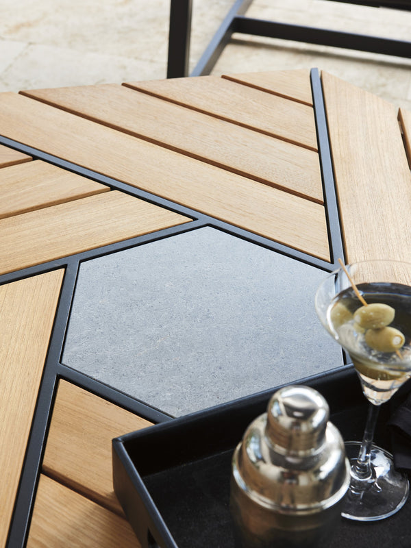 Lexington Tommy Bahama Outdoor 3940-947 Stylish Hexagonal Cocktail Table With Teak Top And Slate-gray Stone Insert For Modern Elegance Obsidian  3940-947