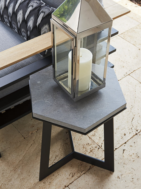 Lexington Tommy Bahama Outdoor 3940-950 Spot Table - Sleek Hexagonal Stone Top On Modern Graphite Base, Perfect For Chic Outdoor Spaces Obsidian  3940-950