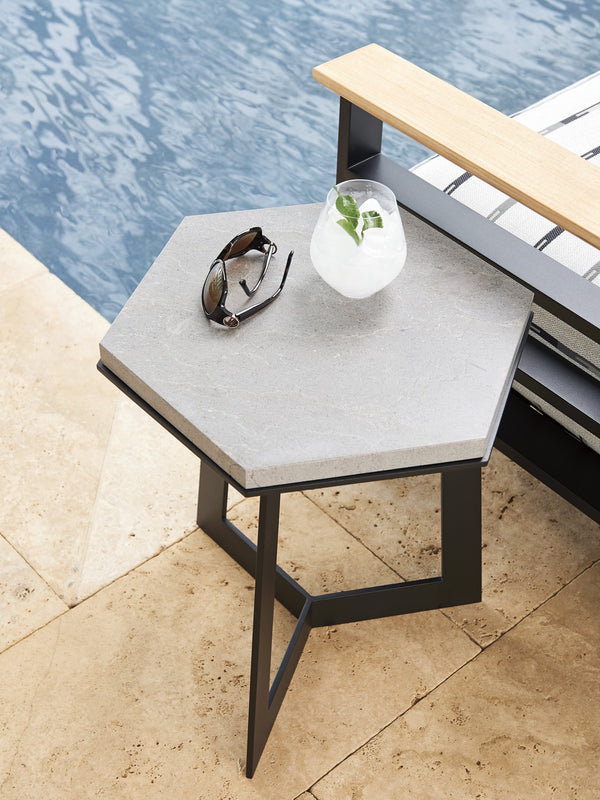 Lexington Tommy Bahama Outdoor 3940-950 Spot Table - Sleek Hexagonal Stone Top On Modern Graphite Base, Perfect For Chic Outdoor Spaces Obsidian  3940-950