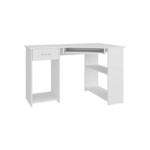 English Elm Jasper Corner Desk with Wraparound L-Shape Workspace, Built-In Side Shelves, Kronos White Finish B200P378362