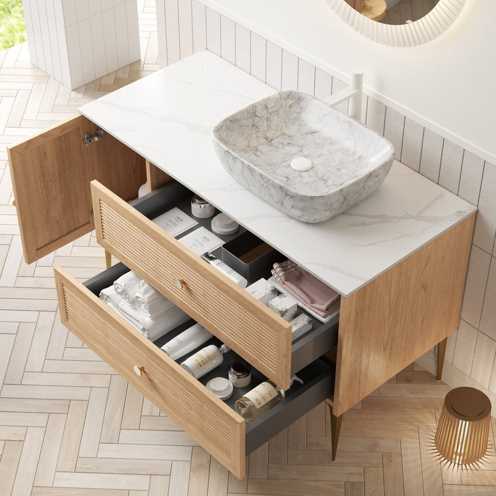 English Elm Dipa 48 Inch Floating Bathroom Vanity Walnut Cabinet Sintered Stone Top Led Sensor W2615S00469