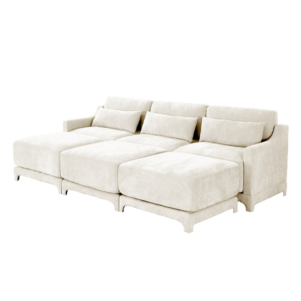English Elm Three-Seat Sofa With 3 Movable Ottomans & Lumbar Pillow - Cozy Chenille, Ergonomic Design, Beige W714S01199-GIGA