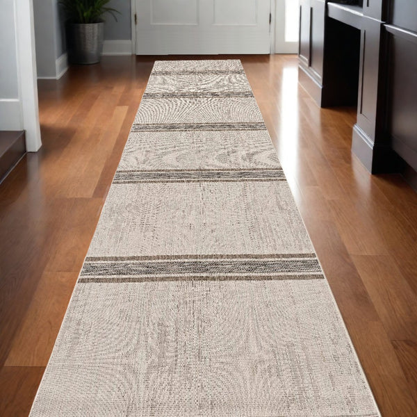 HomeRoots 13' Ivory and Gray Striped Runner Rug – Durable, Stylish Accent for Hallways and High-Traffic Areas 3' x 15' 394128