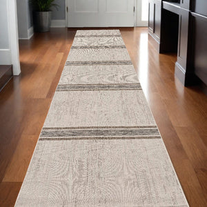 HomeRoots 13' Ivory and Gray Striped Runner Rug – Durable, Stylish Accent for Hallways and High-Traffic Areas 3' x 20' 394129