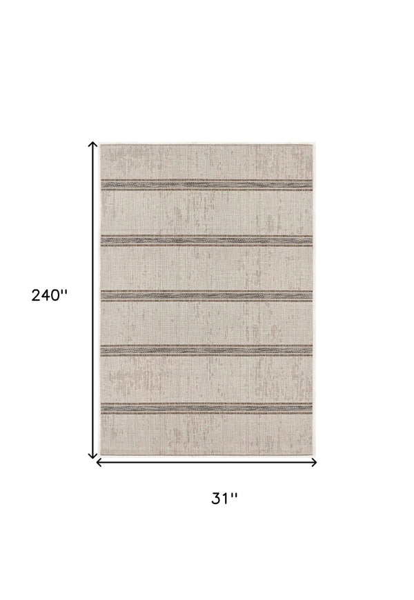 HomeRoots 13' Ivory and Gray Striped Runner Rug – Durable, Stylish Accent for Hallways and High-Traffic Areas 3' x 12' 394130