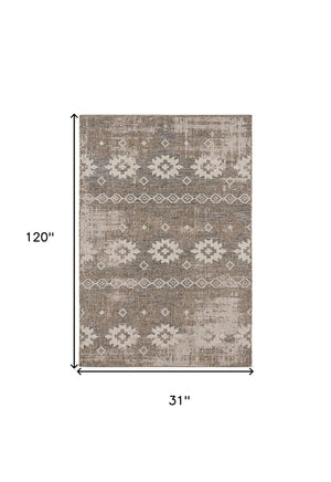 HomeRoots 10' Gray and Ivory Ikat Runner Rug - Stylish, Durable Design for Hallways, Kitchens, and Entryways 3' x 10' 394136