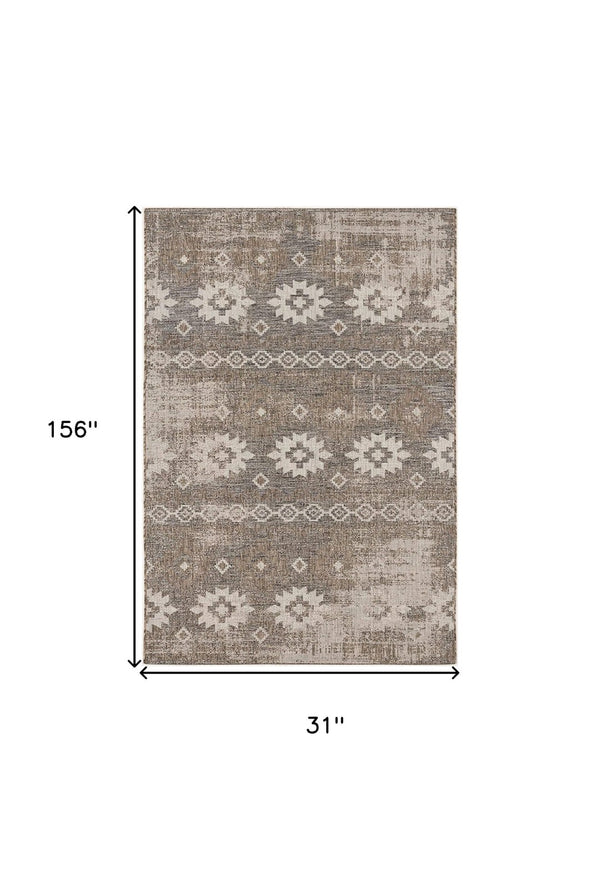 HomeRoots 10' Gray and Ivory Ikat Runner Rug - Stylish, Durable Design for Hallways, Kitchens, and Entryways 3' x 13' 394138