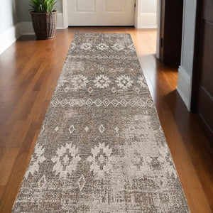 HomeRoots 10' Gray and Ivory Ikat Runner Rug - Stylish, Durable Design for Hallways, Kitchens, and Entryways 3' x 13' 394138