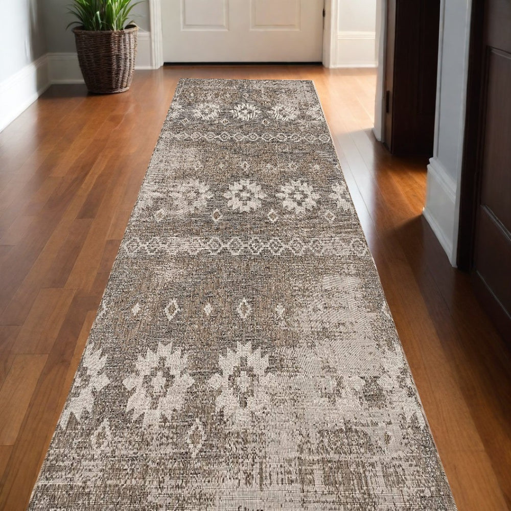 HomeRoots 10' Gray and Ivory Ikat Runner Rug - Stylish, Durable Design for Hallways, Kitchens, and Entryways 3' x 20' 394140