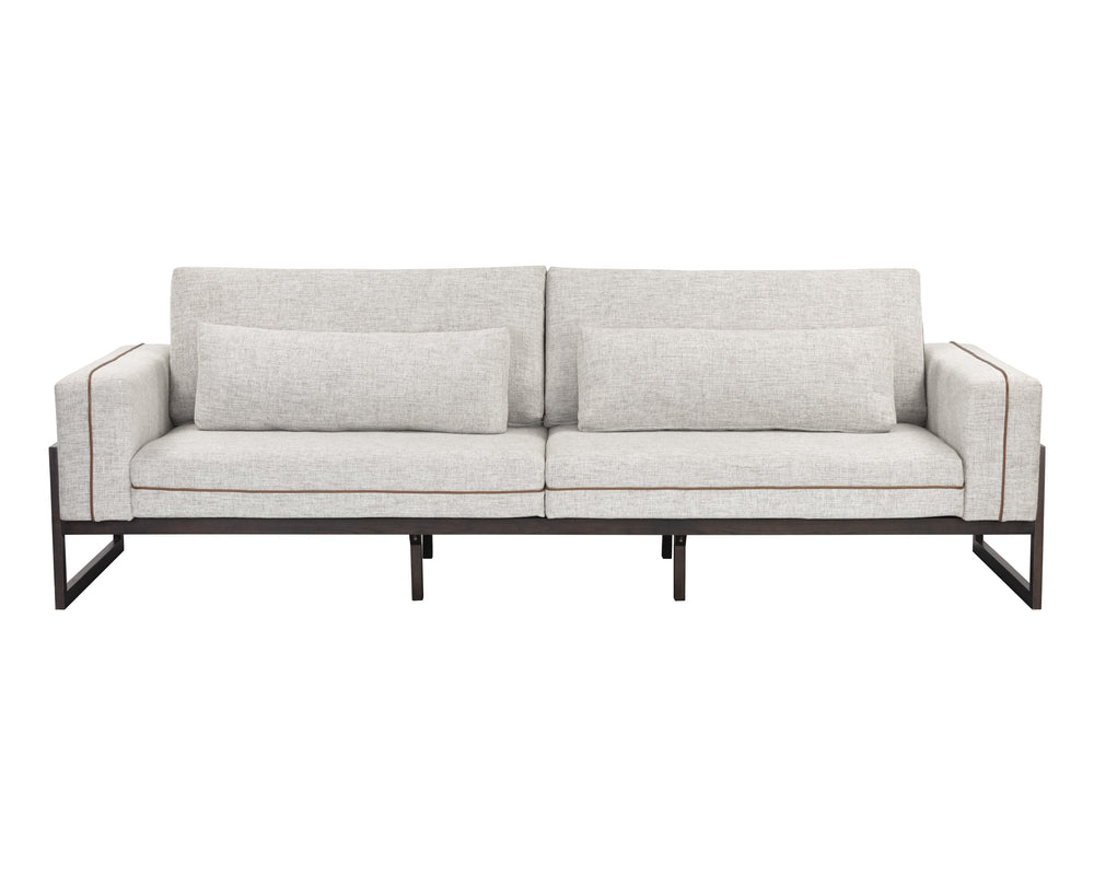 Sunpan Belinda Sofa - Modern Industrial Design in Symphony Greige with Brown Leather Piping & Wood Frame