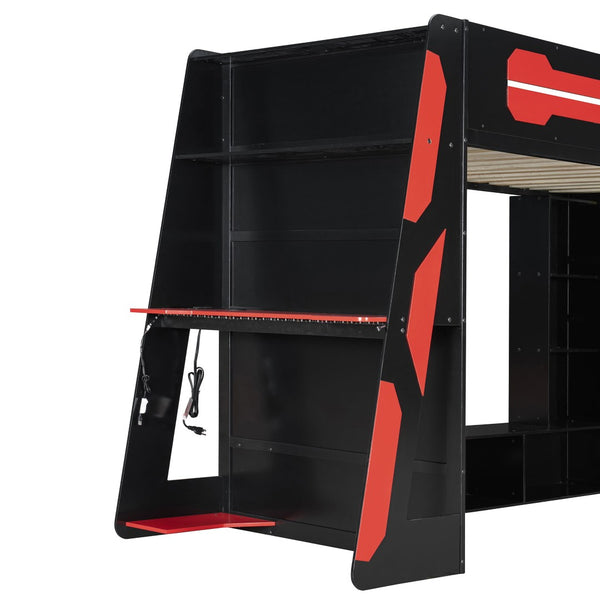 English Elm Twin Gaming Loft Bed with Desk Rgb Lighting and Multi-tier Shelves for Teen Rooms Red LT000160AAR